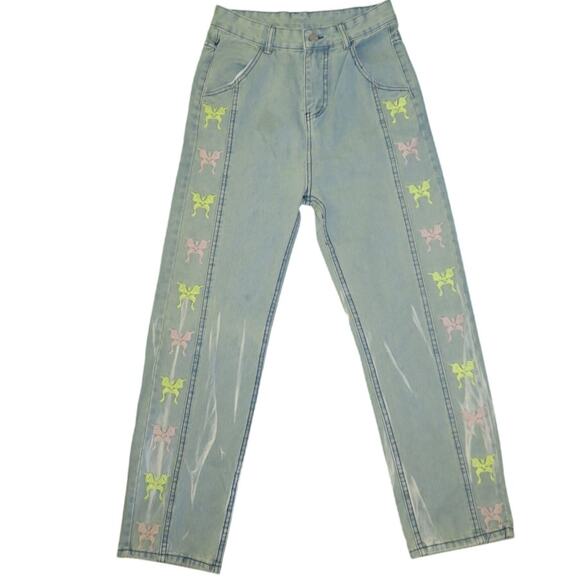 Women's Embroidered Butterfly Oversized Baggy Jeans Boho y2k 90s 2000s Fairy - Picture 2 of 10